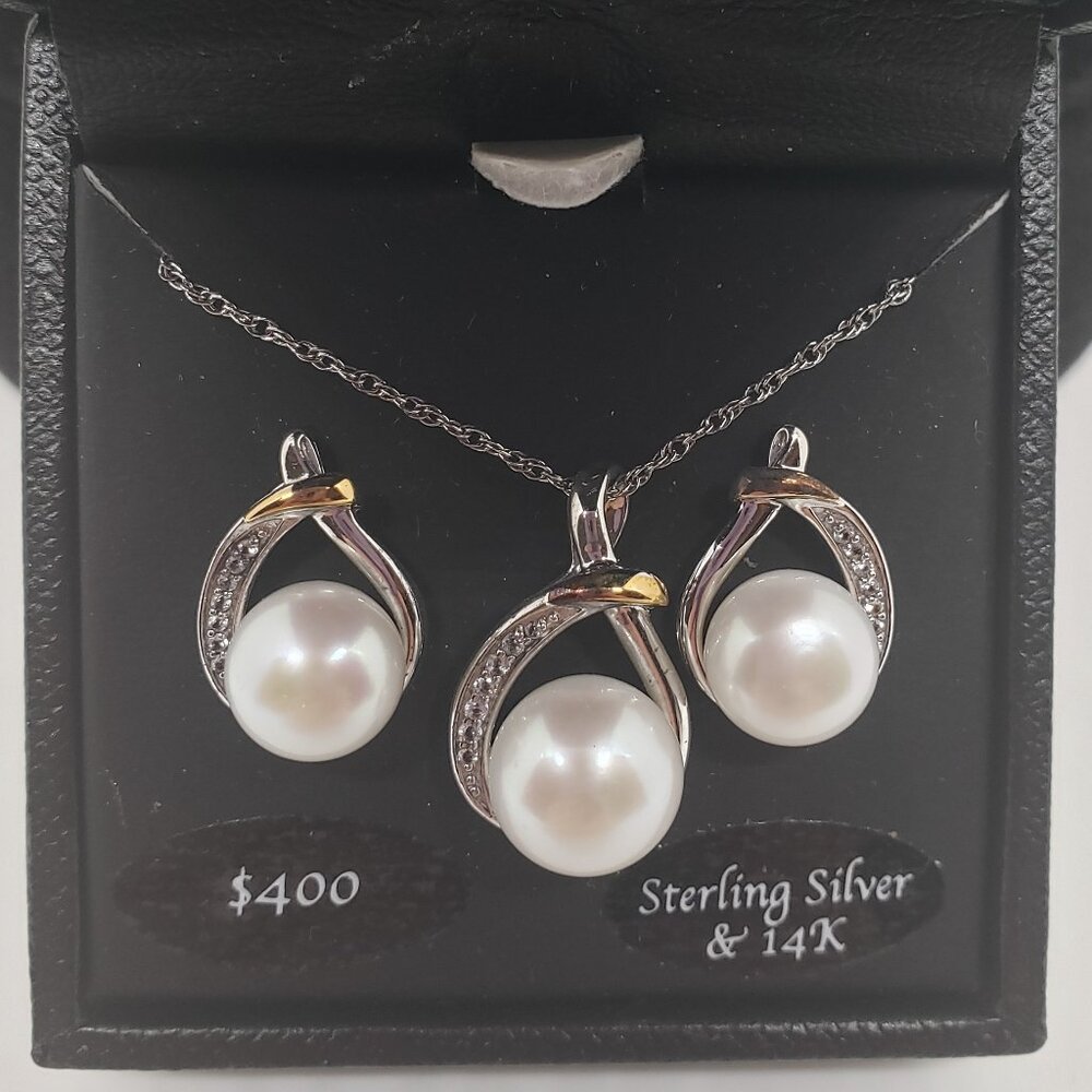 Bridge Cultured Fresh Water Pearl Sterling Silver & 14K Necklace/Earring Set
